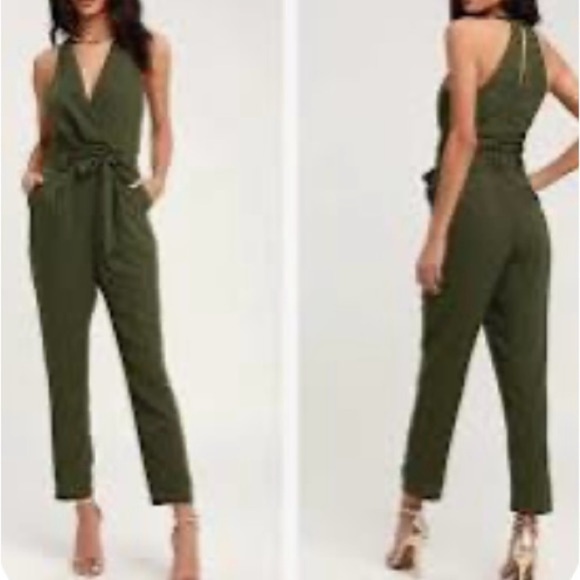 LULUS In The City wrap top jumpsuit olive belted lined 2 pockets NEW size M - Picture 1 of 15